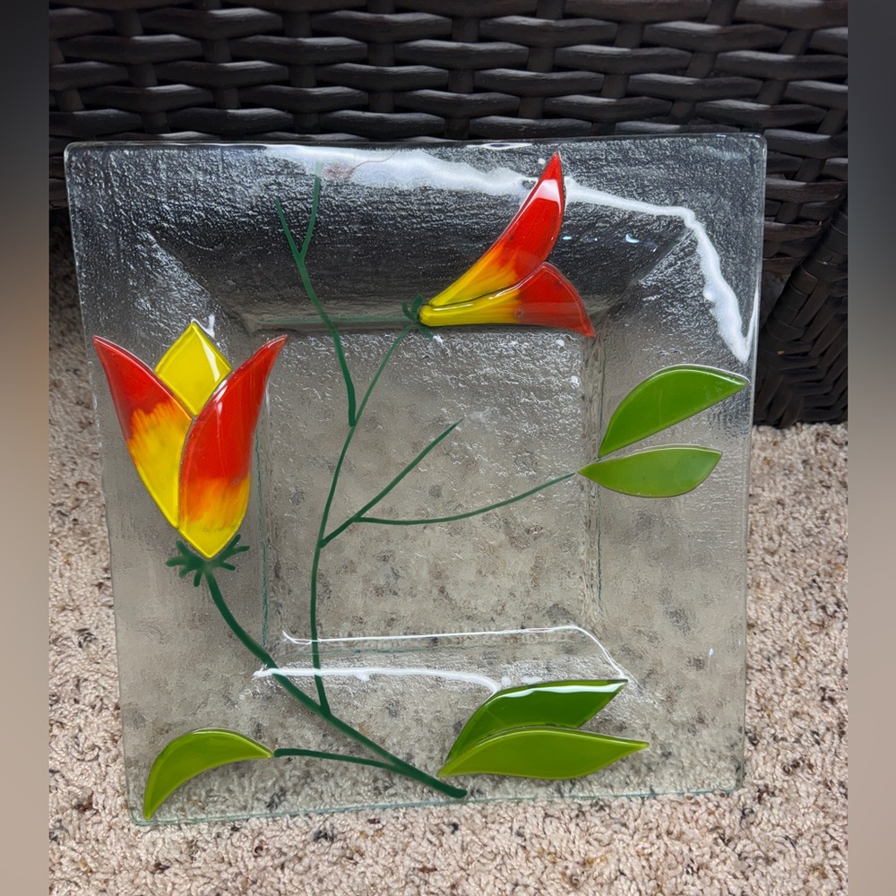 Fused Art Glass Square Plate Platter Floral Yellow Orange Flowers - 11.5”x11”